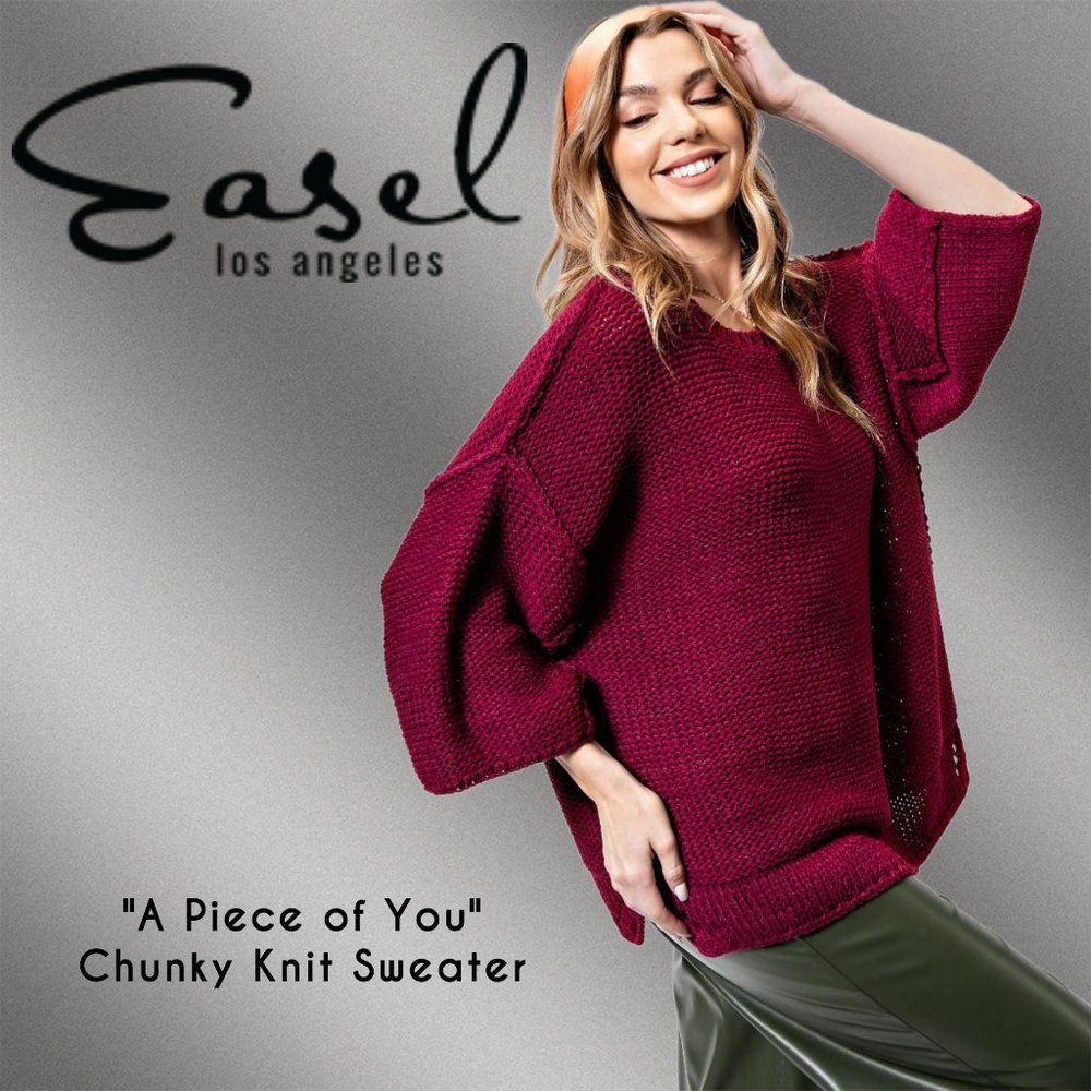 EASEL "A Piece of Me" Chunky Knit 3/4 Wide Dolman Sleeves Oversized Boxy Sweater